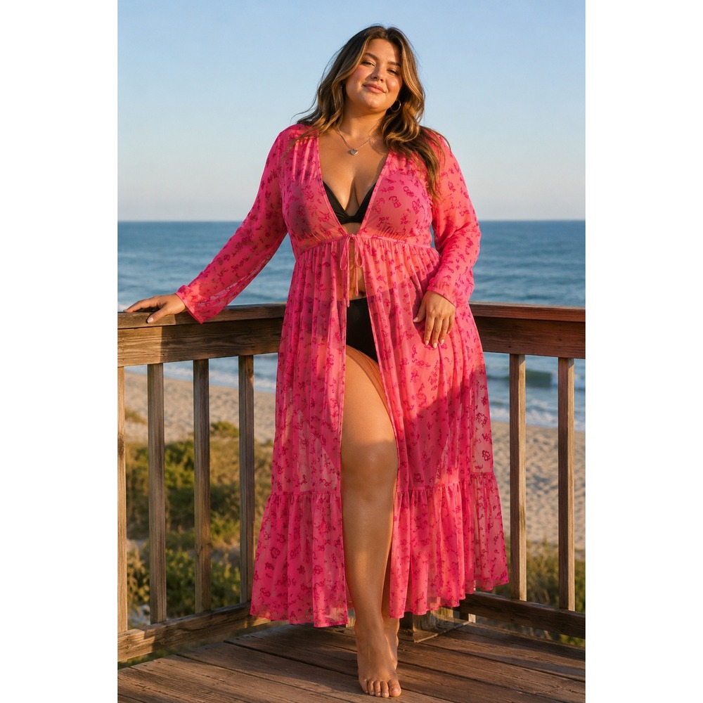 Torrid X Betsey Johnson Womens Maxi Dress Mesh Flocked Duster Swim Coverup 2x